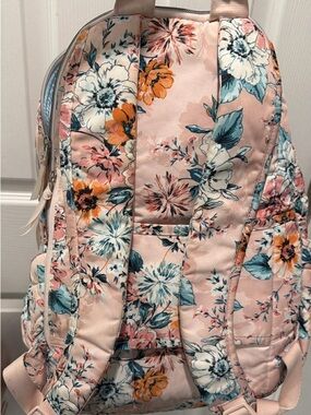 Vera Bradley Pink Floral Quilted Backpack with Blue-Green and Orange Accents
